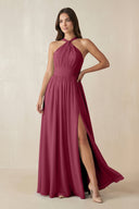 Halter Neck Ruched A-Line Chiffon Dress in Desert Rose - KissProm BRIDESMAID DRESSES