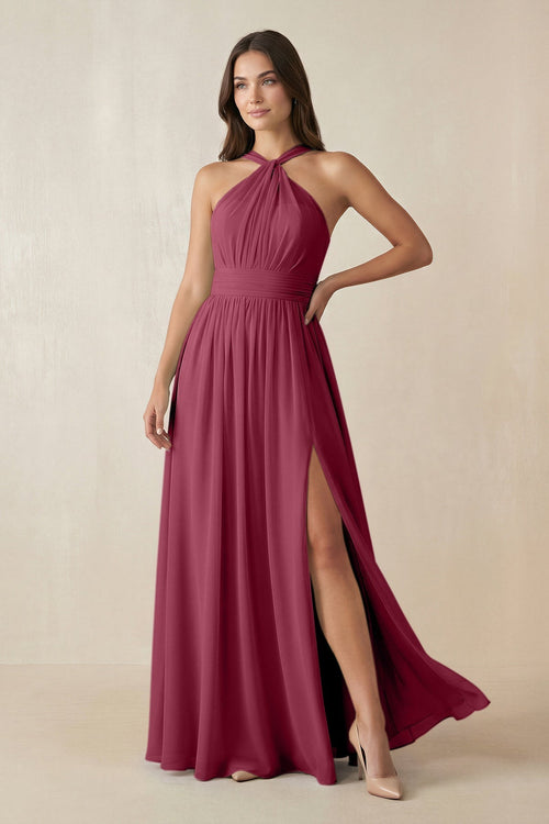 Halter Neck Ruched A-Line Chiffon Dress in Desert Rose - KissProm BRIDESMAID DRESSES