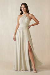 Halter Neck Ruched A-Line Chiffon Dress in Dove Gray - KissProm BRIDESMAID DRESSES