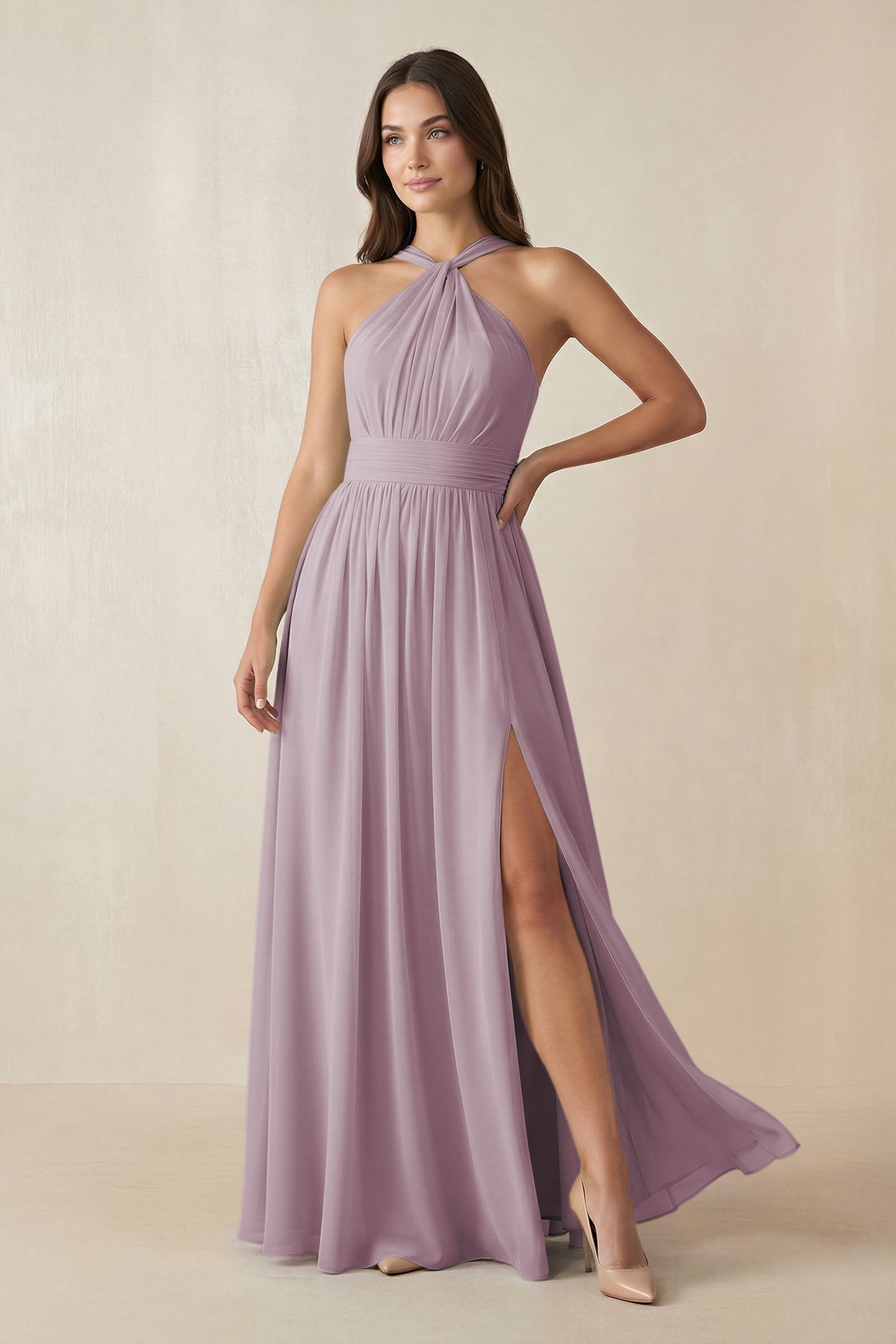 KissProm Halter Neck Ruched A-Line Chiffon Bridesmaid Dress in Dusk, Dusk / 10