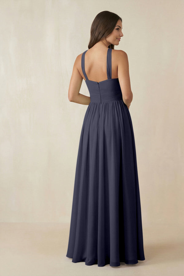 Halter Neck Ruched A-Line Chiffon Dress in Dusk Blue - KissProm BRIDESMAID DRESSES