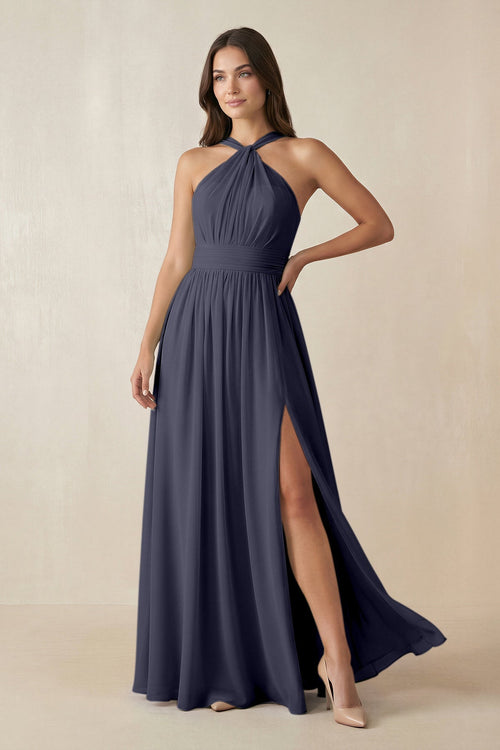 Halter Neck Ruched A-Line Chiffon Dress in Dusk Blue - KissProm BRIDESMAID DRESSES