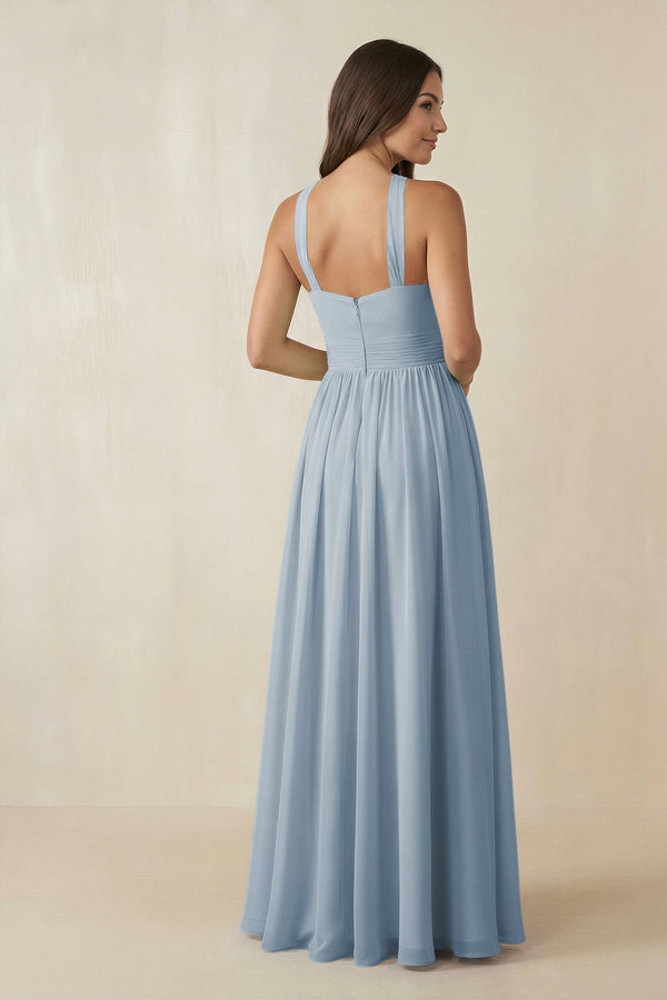 Halter Neck Ruched A-Line Chiffon Dress in Dusty Blue - KissProm BRIDESMAID DRESSES