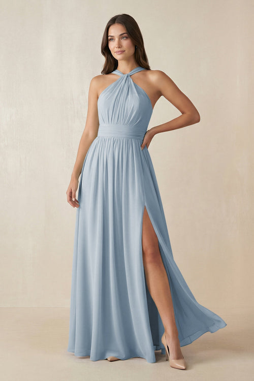 Halter Neck Ruched A-Line Chiffon Dress in Dusty Blue - KissProm BRIDESMAID DRESSES
