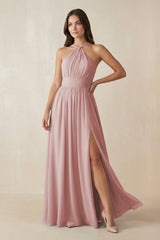 Halter Neck Ruched A-Line Chiffon Dress in Dusty Rose - KissProm BRIDESMAID DRESSES