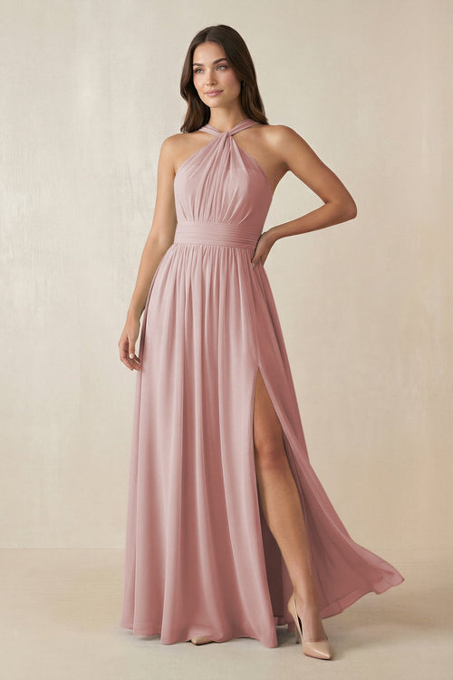 Halter Neck Ruched A-Line Chiffon Dress in Dusty Rose - KissProm BRIDESMAID DRESSES