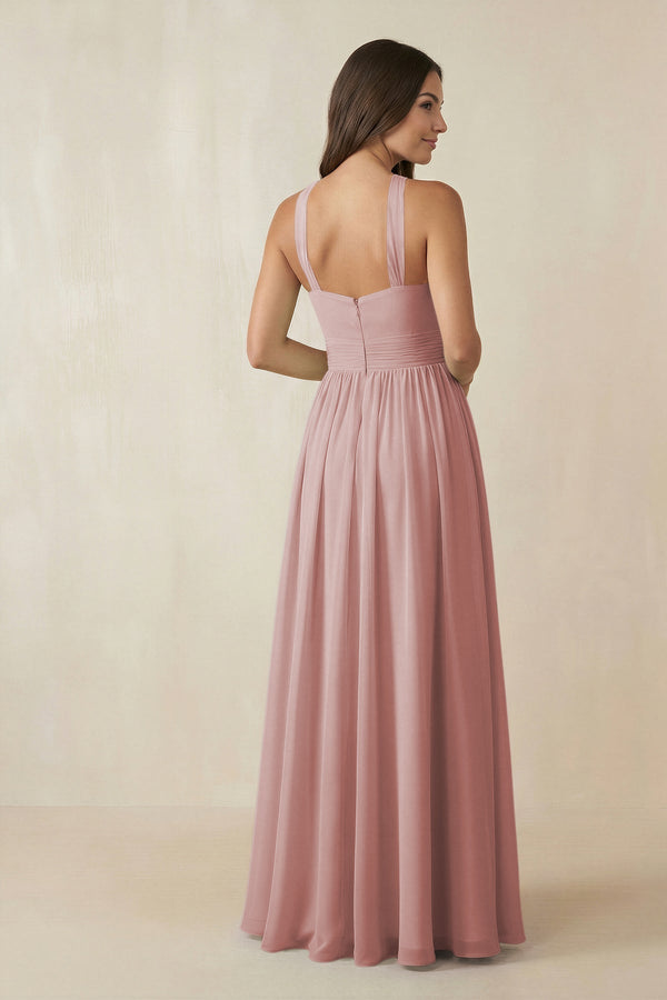 Halter Neck Ruched A-Line Chiffon Dress in Dusty Rose - KissProm BRIDESMAID DRESSES