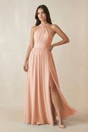 Halter Neck Ruched A-Line Chiffon Dress in English Rose - KissProm BRIDESMAID DRESSES