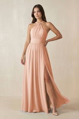 Halter Neck Ruched A-Line Chiffon Dress in English Rose - KissProm BRIDESMAID DRESSES