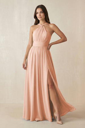 Halter Neck Ruched A-Line Chiffon Dress in English Rose - KissProm BRIDESMAID DRESSES