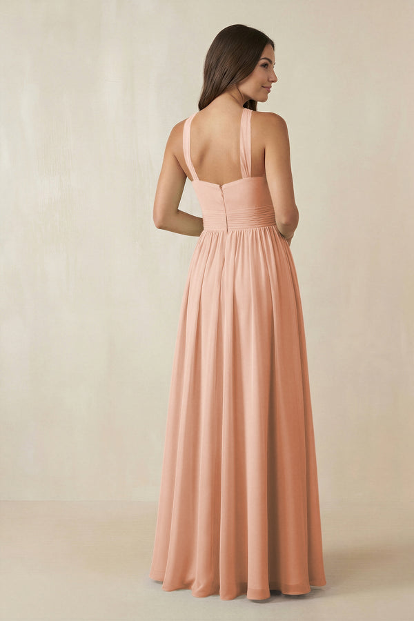 Halter Neck Ruched A-Line Chiffon Dress in English Rose - KissProm BRIDESMAID DRESSES