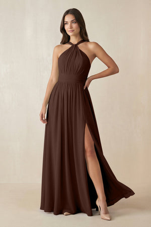 Halter Neck Ruched A-Line Chiffon Dress in Espresso - KissProm BRIDESMAID DRESSES