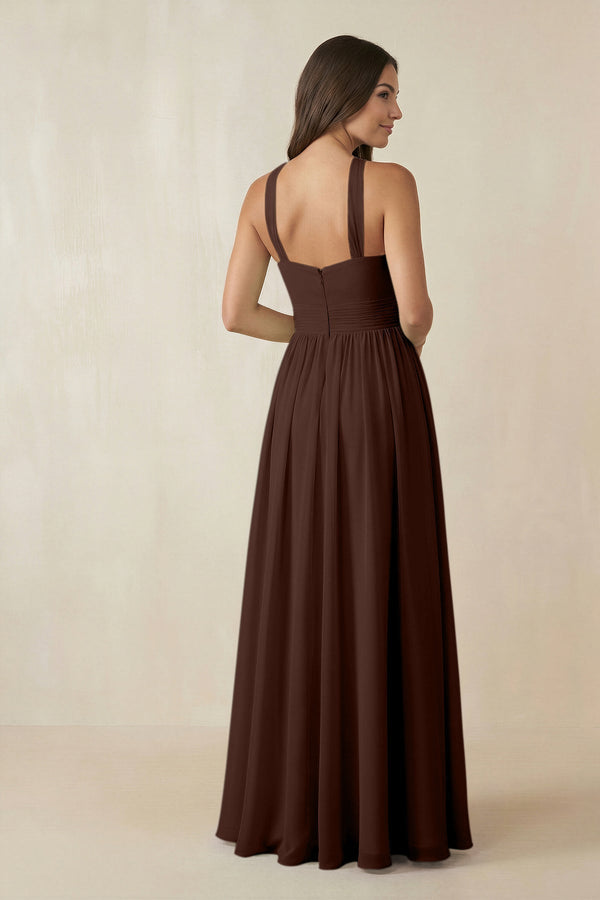 Halter Neck Ruched A-Line Chiffon Dress in Espresso - KissProm BRIDESMAID DRESSES