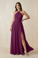 Halter Neck Ruched A-Line Chiffon Dress in Fig - KissProm BRIDESMAID DRESSES