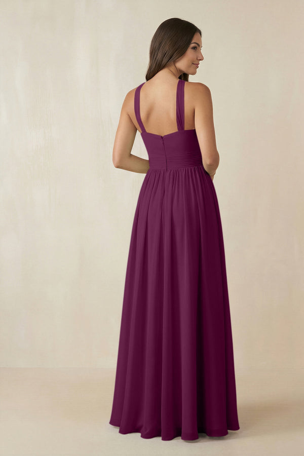 Halter Neck Ruched A-Line Chiffon Dress in Fig - KissProm BRIDESMAID DRESSES