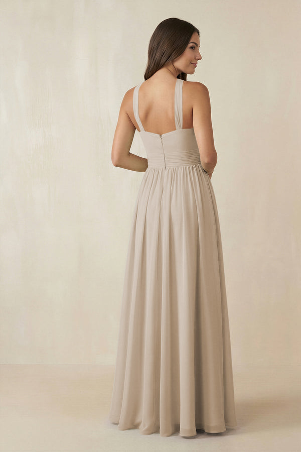 Halter Neck Ruched A-Line Chiffon Dress in Frost - KissProm BRIDESMAID DRESSES