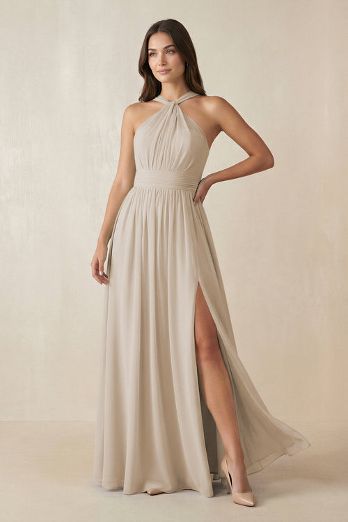 Halter Neck Ruched A-Line Chiffon Dress in Frost - KissProm BRIDESMAID DRESSES