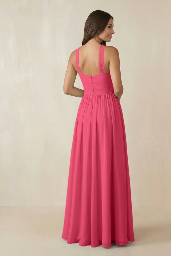 Halter Neck Ruched A-Line Chiffon Dress in Fuchsia - KissProm BRIDESMAID DRESSES
