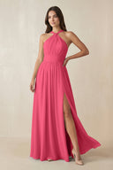 Halter Neck Ruched A-Line Chiffon Dress in Fuchsia - KissProm BRIDESMAID DRESSES