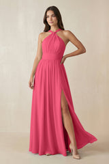 Halter Neck Ruched A-Line Chiffon Dress in Fuchsia - KissProm BRIDESMAID DRESSES