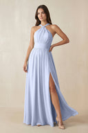 Halter Neck Ruched A-Line Chiffon Dress in Ice - KissProm BRIDESMAID DRESSES