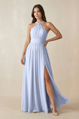 Halter Neck Ruched A-Line Chiffon Dress in Ice - KissProm BRIDESMAID DRESSES