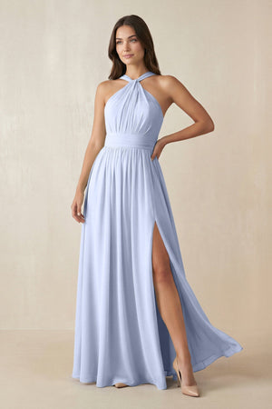 Halter Neck Ruched A-Line Chiffon Dress in Ice - KissProm BRIDESMAID DRESSES