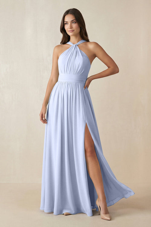 Halter Neck Ruched A-Line Chiffon Dress in Ice - KissProm BRIDESMAID DRESSES