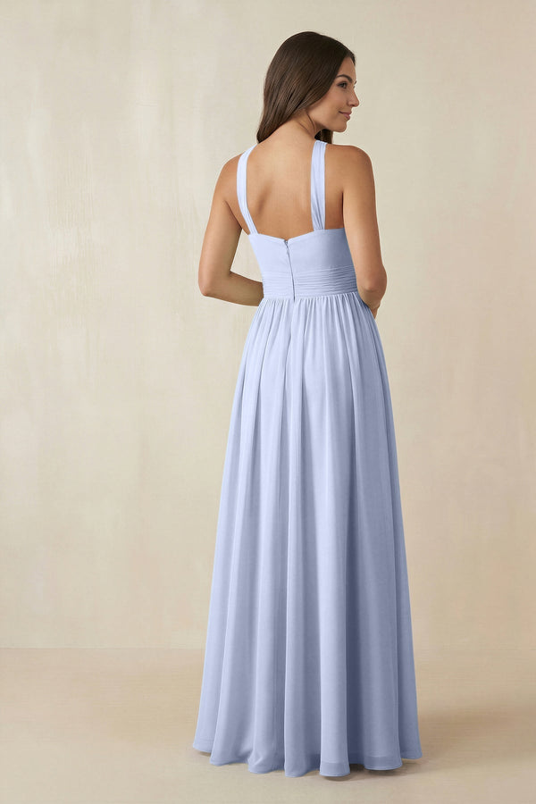 Halter Neck Ruched A-Line Chiffon Dress in Ice - KissProm BRIDESMAID DRESSES