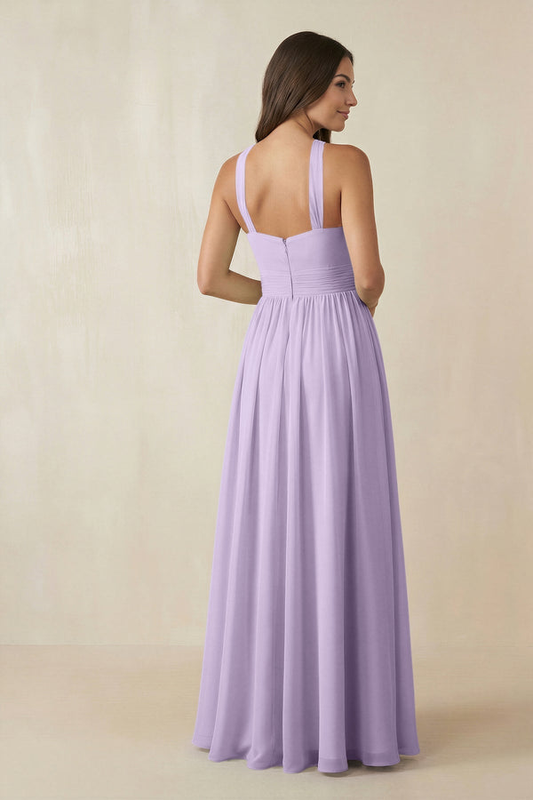Halter Neck Ruched A-Line Chiffon Dress in Lavender - KissProm BRIDESMAID DRESSES