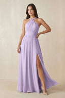 Halter Neck Ruched A-Line Chiffon Dress in Lavender - KissProm BRIDESMAID DRESSES