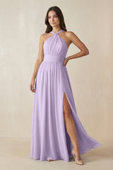 Halter Neck Ruched A-Line Chiffon Dress in Lavender - KissProm BRIDESMAID DRESSES