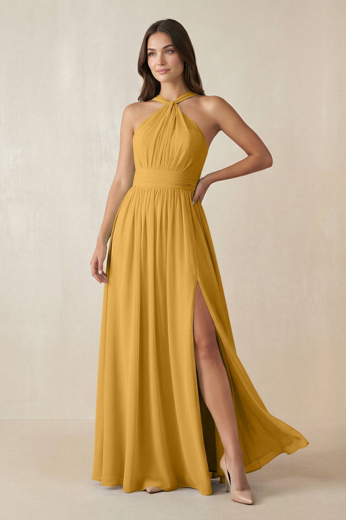 Halter Neck Ruched A-Line Chiffon Dress in Marigold - KissProm BRIDESMAID DRESSES