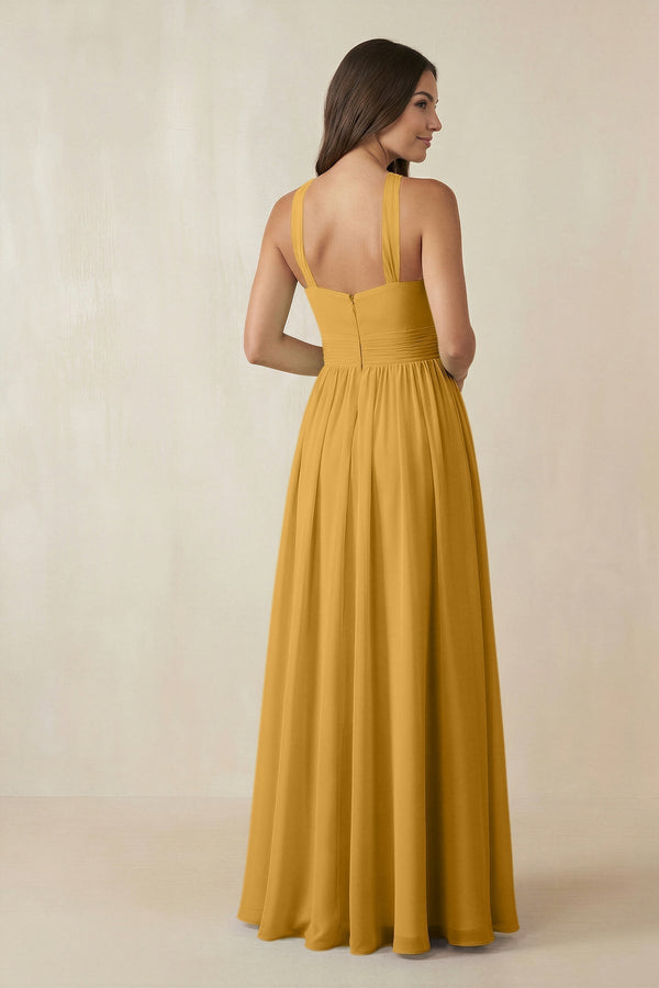Halter Neck Ruched A-Line Chiffon Dress in Marigold - KissProm BRIDESMAID DRESSES