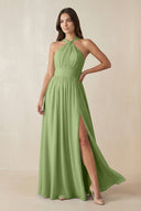 Halter Neck Ruched A-Line Chiffon Dress in Matcha - KissProm BRIDESMAID DRESSES