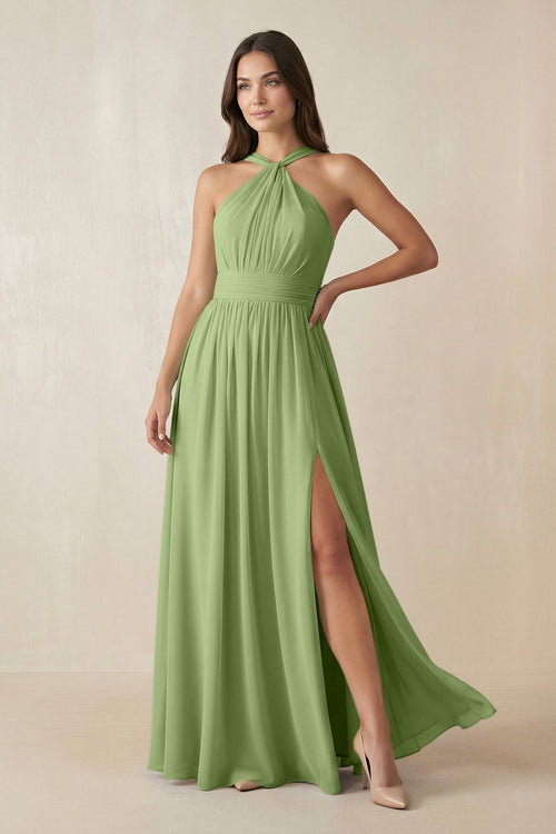 Halter Neck Ruched A-Line Chiffon Dress in Matcha - KissProm BRIDESMAID DRESSES