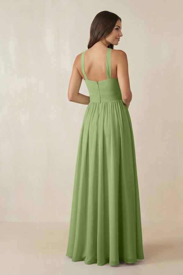 Halter Neck Ruched A-Line Chiffon Dress in Matcha - KissProm BRIDESMAID DRESSES
