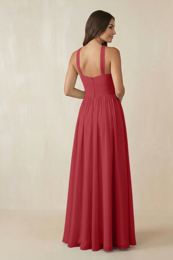 Halter Neck Ruched A-Line Chiffon Dress in Merlot - KissProm BRIDESMAID DRESSES