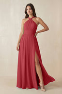 Halter Neck Ruched A-Line Chiffon Dress in Merlot - KissProm BRIDESMAID DRESSES
