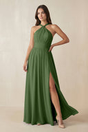 Halter Neck Ruched A-Line Chiffon Dress in Moss - KissProm BRIDESMAID DRESSES