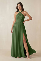 Halter Neck Ruched A-Line Chiffon Dress in Moss - KissProm BRIDESMAID DRESSES