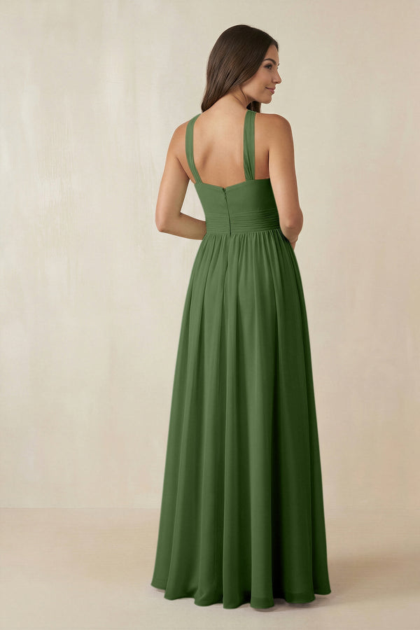 Halter Neck Ruched A-Line Chiffon Dress in Moss - KissProm BRIDESMAID DRESSES