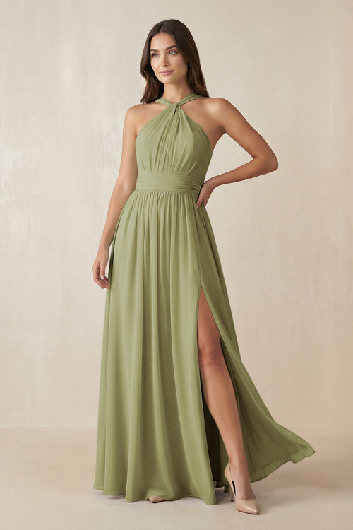 Halter Neck Ruched A-Line Chiffon Dress in Moss Green - KissProm BRIDESMAID DRESSES
