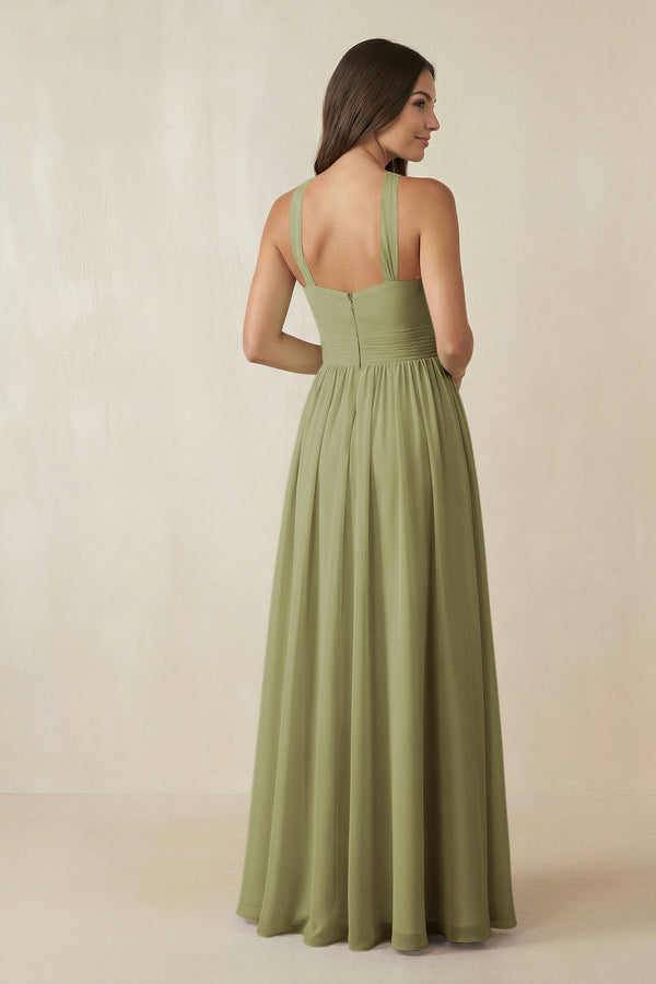Halter Neck Ruched A-Line Chiffon Dress in Moss Green - KissProm BRIDESMAID DRESSES