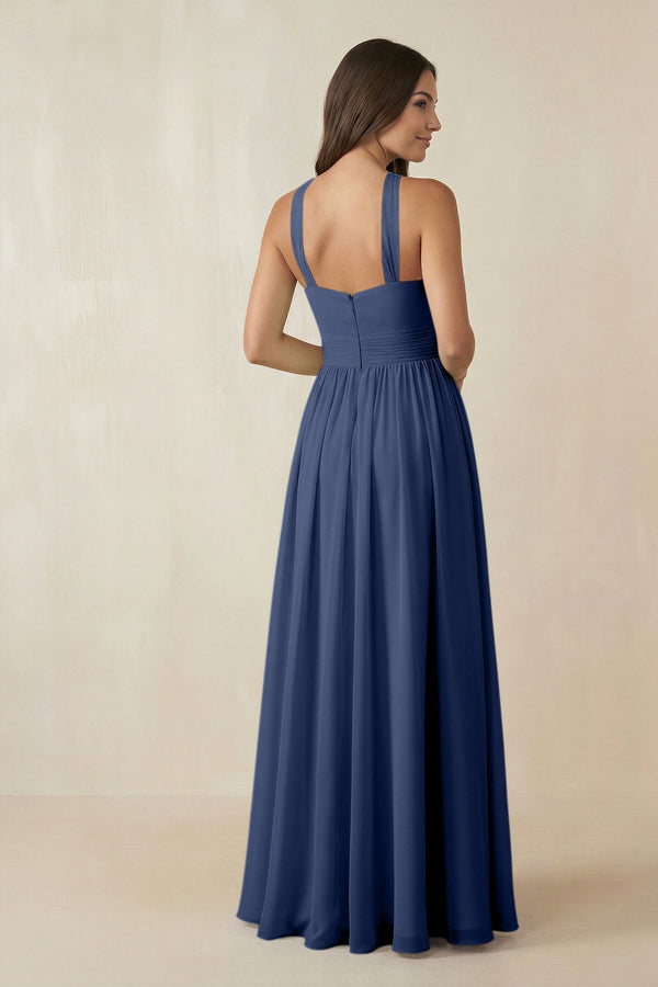Halter Neck Ruched A-Line Chiffon Dress in Navy - KissProm BRIDESMAID DRESSES