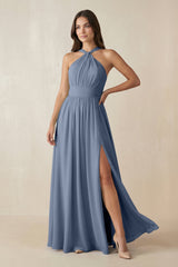 Halter Neck Ruched A-Line Chiffon Dress in Neptune - KissProm BRIDESMAID DRESSES