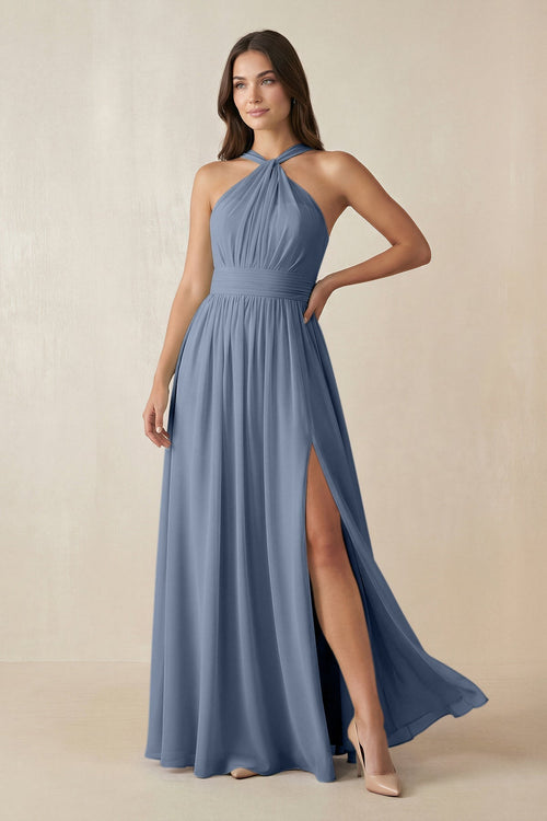 Halter Neck Ruched A-Line Chiffon Dress in Neptune - KissProm BRIDESMAID DRESSES