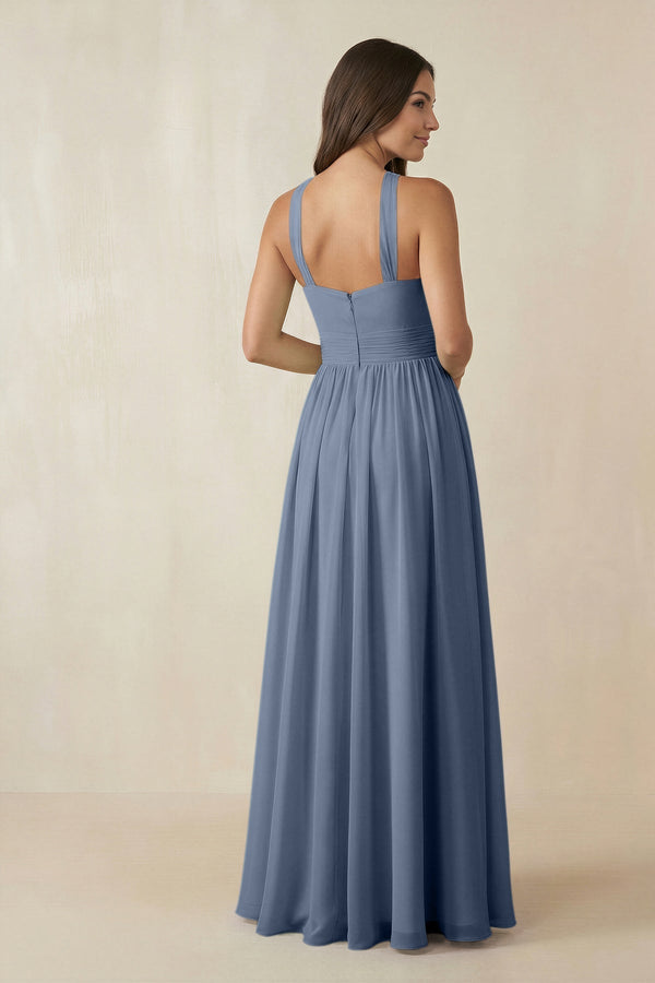 Halter Neck Ruched A-Line Chiffon Dress in Neptune - KissProm BRIDESMAID DRESSES