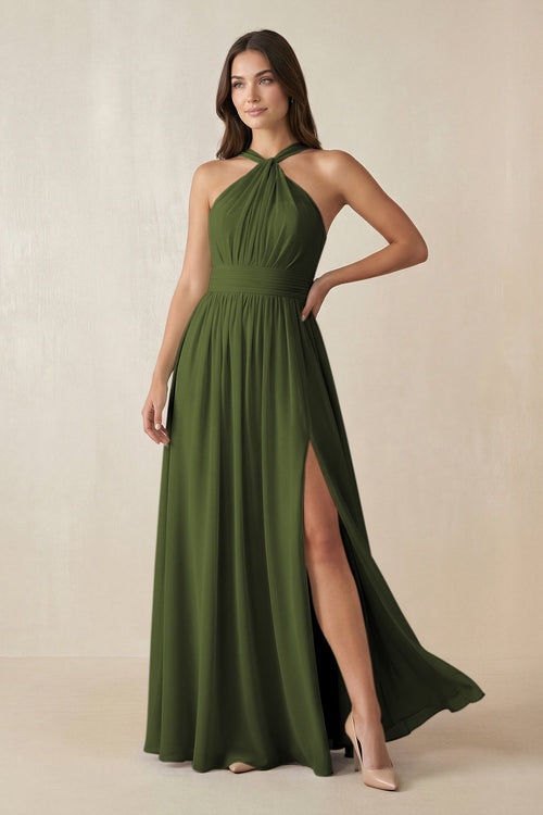 Halter Neck Ruched A-Line Chiffon Dress in Olive - KissProm BRIDESMAID DRESSES