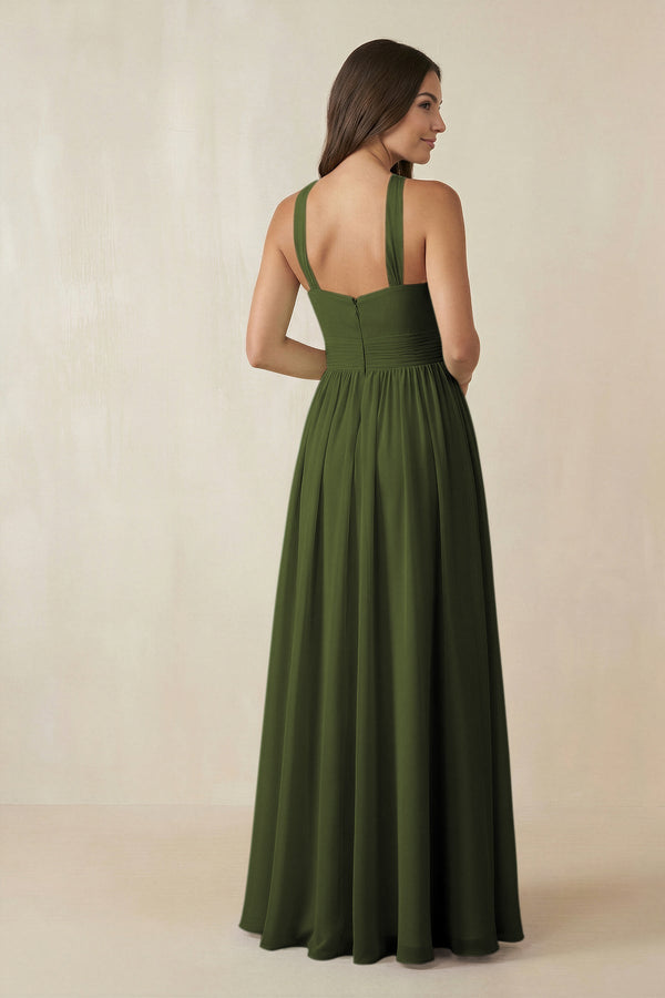 Halter Neck Ruched A-Line Chiffon Dress in Olive - KissProm BRIDESMAID DRESSES